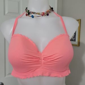 Victoria's Secret Neon Coral Underwire Halter Bikini Top 36C Scallop Edge EUC